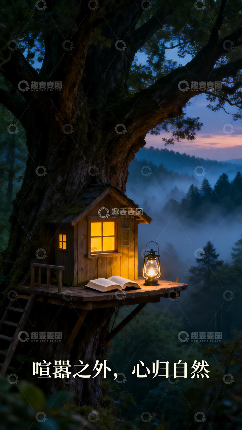 高清大图下载【趣麦麦图】树屋静谧夜晚风景画