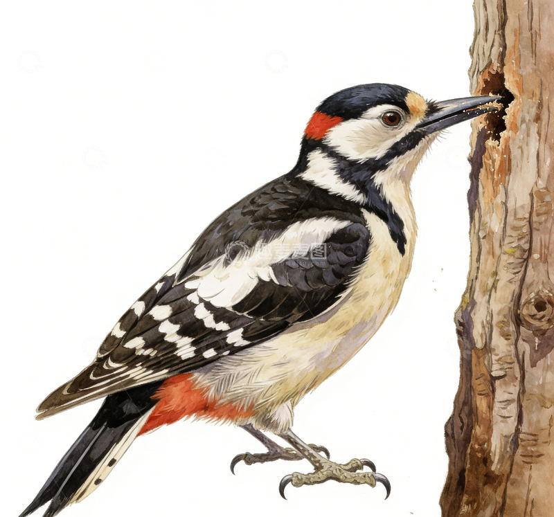 高清大图下载【趣麦麦图】写实风啄木鸟觅食插画素材