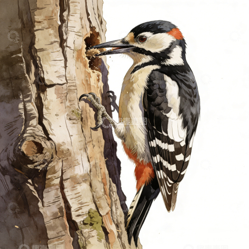 高清大图下载【趣麦麦图】水彩啄木鸟树干生态绘画素材