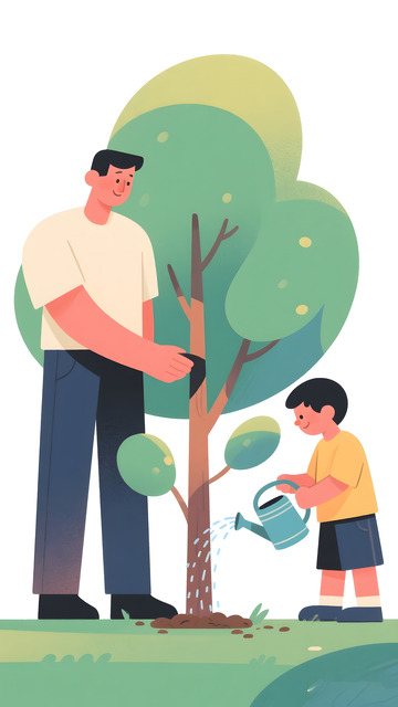 亲子植树插画