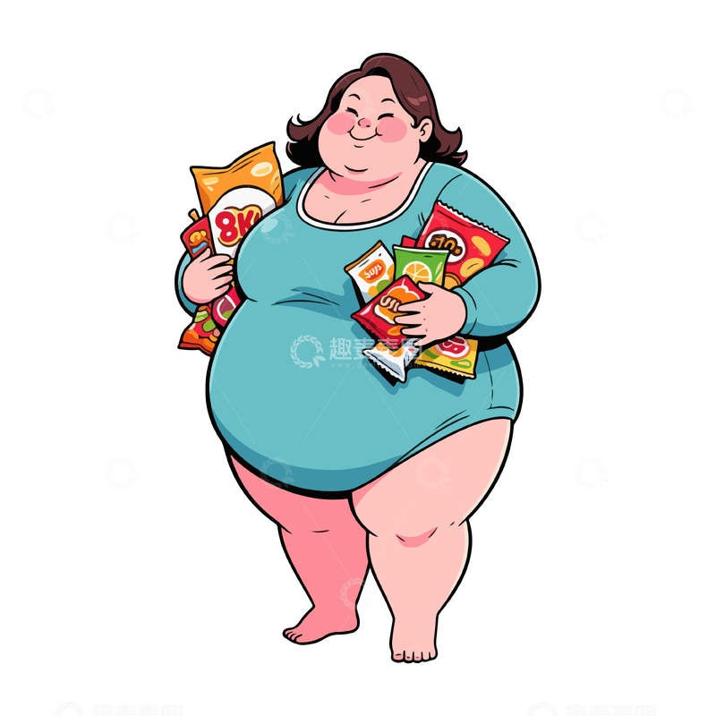 源文件下载【趣麦麦图】卡通风格肥胖女性零食插画素材