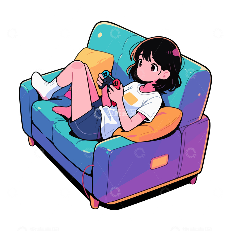 源文件下载【趣麦麦图】卡通少女沙发游戏插画