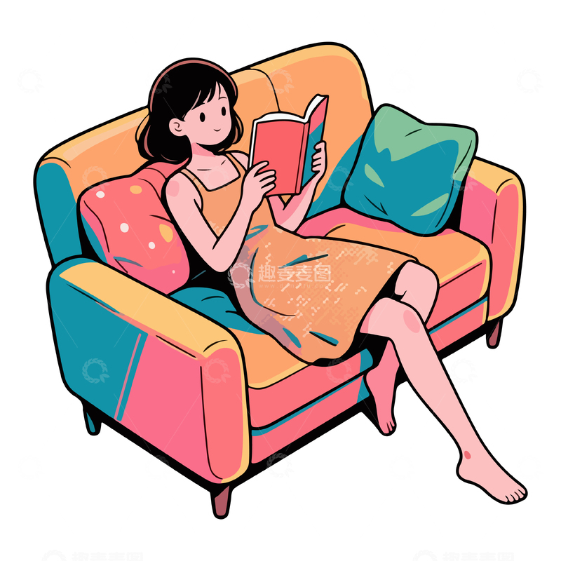 源文件下载【趣麦麦图】卡通风沙发阅读女性插画