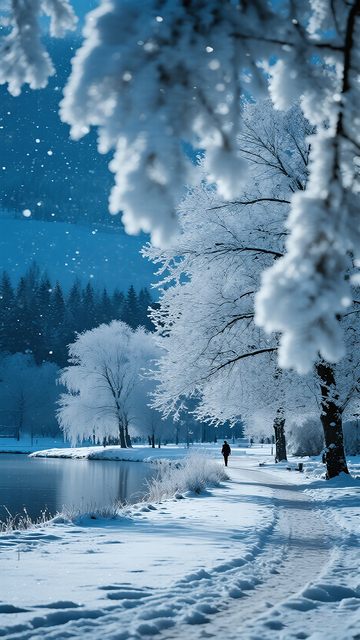 冰雪覆盖湖边风景画卷
