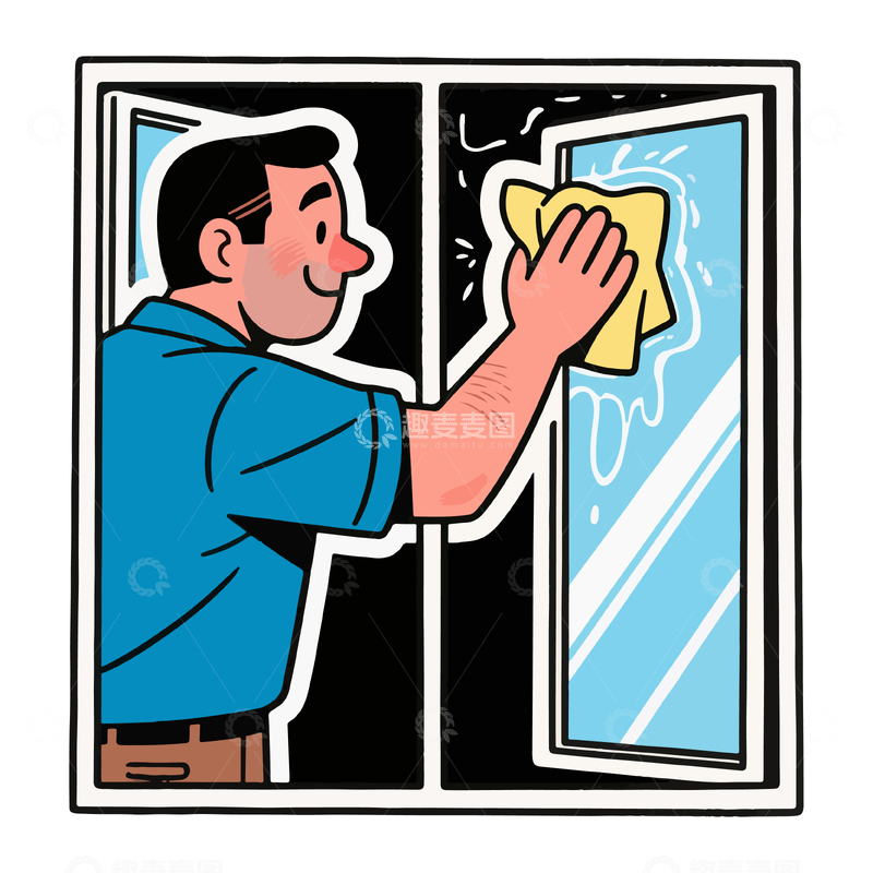 源文件下载【趣麦麦图】蓝色衣男子擦窗简笔画