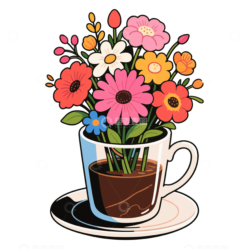 源文件下载【趣麦麦图】卡通茶杯花束插画素材