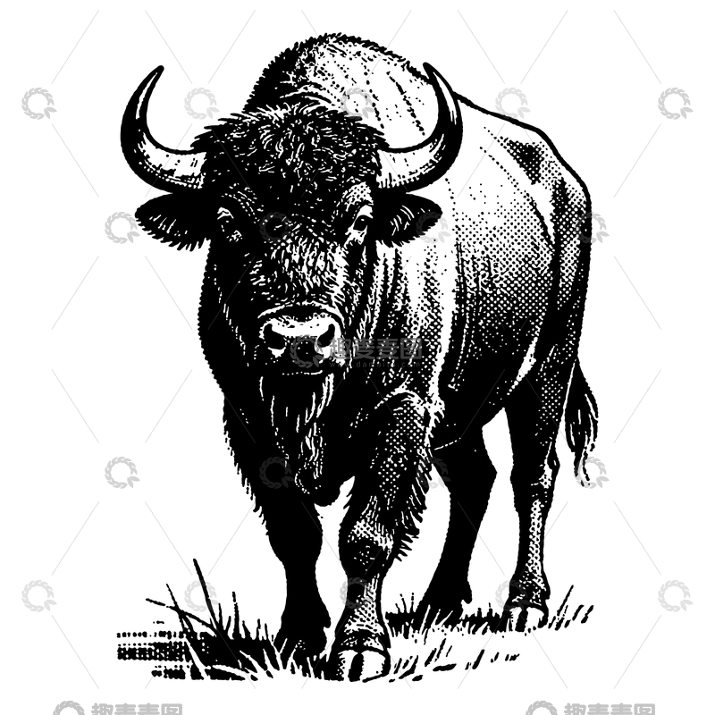 源文件下载【趣麦麦图】黑白素描野牛矢量插画
