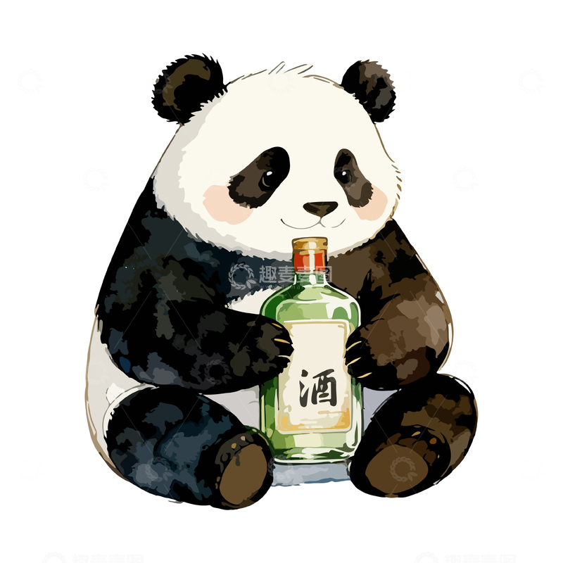 源文件下载【趣麦麦图】熊猫抱酒瓶卡通插画