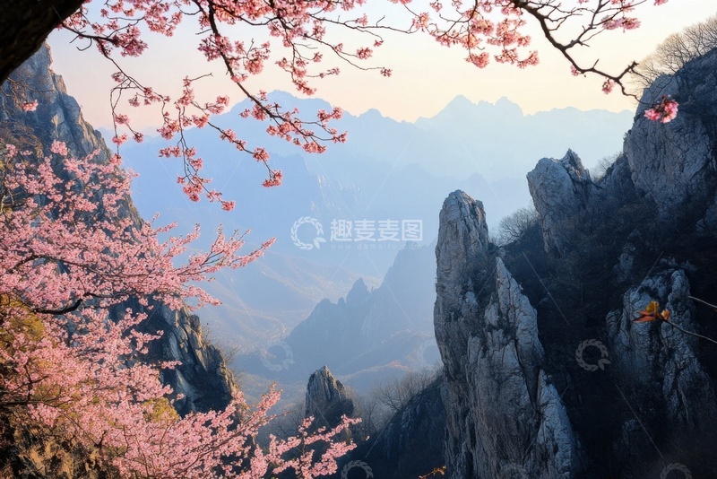 高清大图下载【趣麦麦图】山石远山桃树自然美景