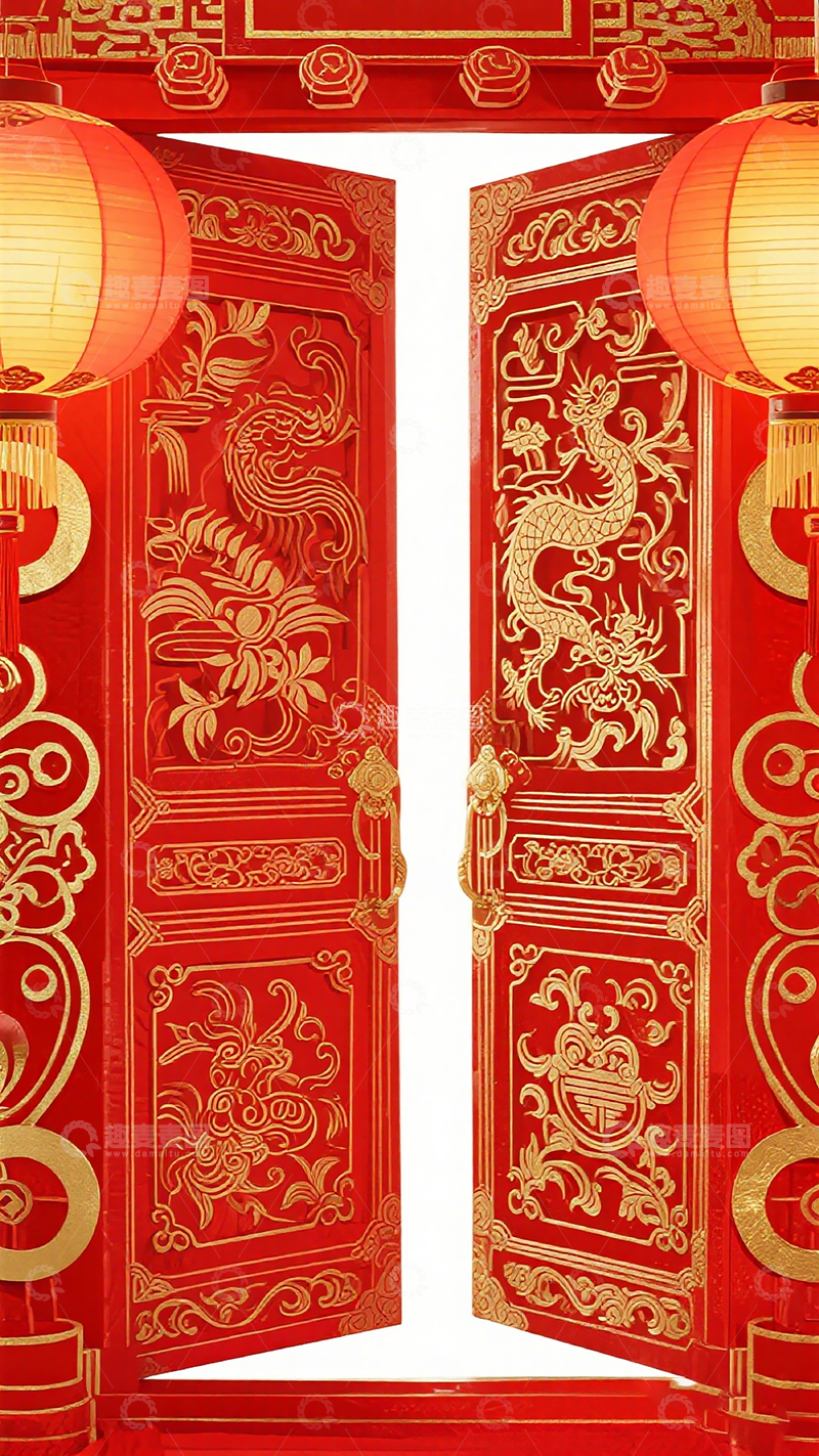 高清大图下载【趣麦麦图】传统中国风红色雕花大门装饰