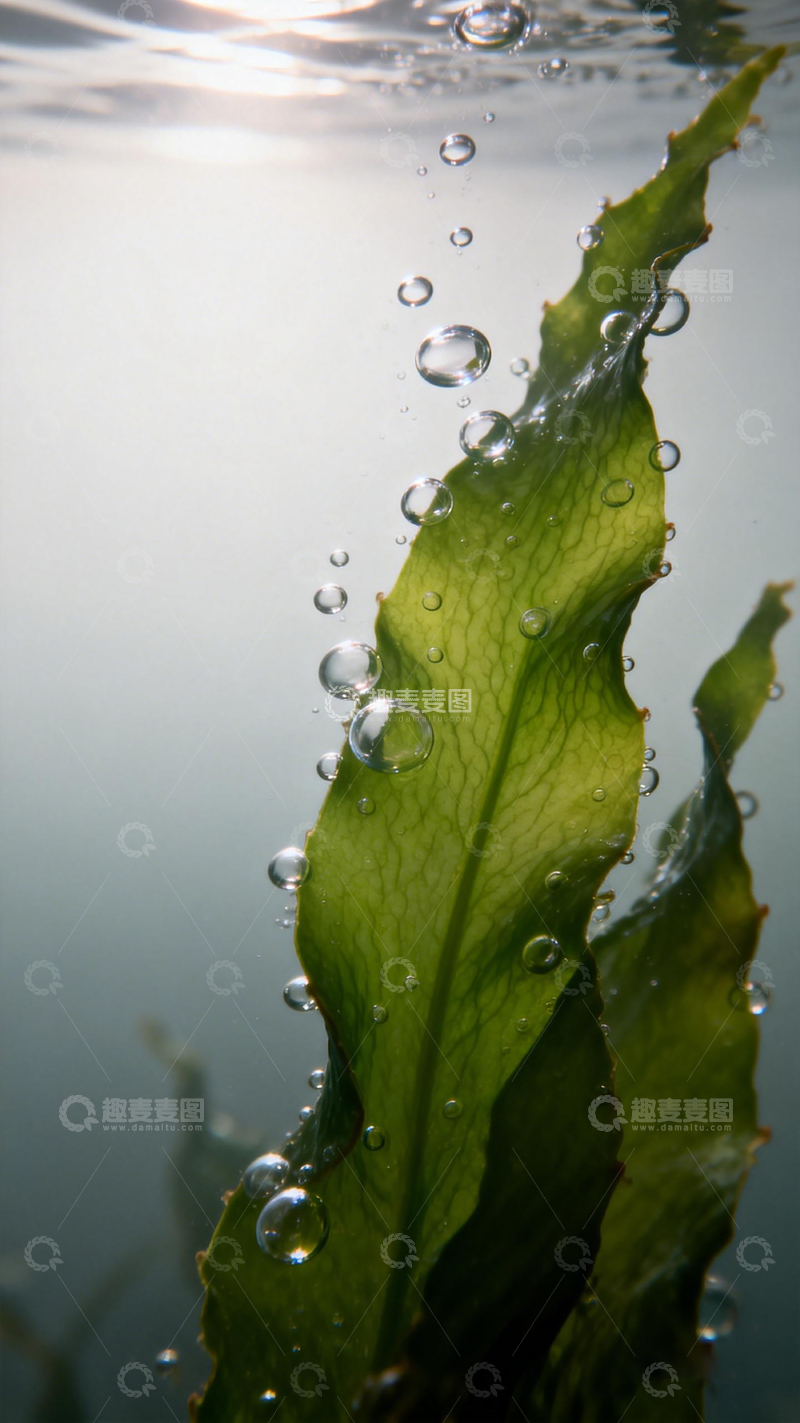 高清大图下载【趣麦麦图】水下绿叶气泡摄影