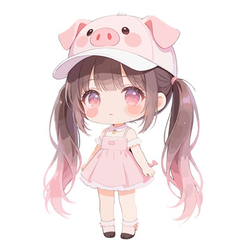 卡通可爱Q版的猪猪帽子女孩元素