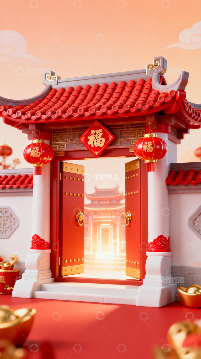 高清大图下载【趣麦麦图】春节喜庆积木模型建筑