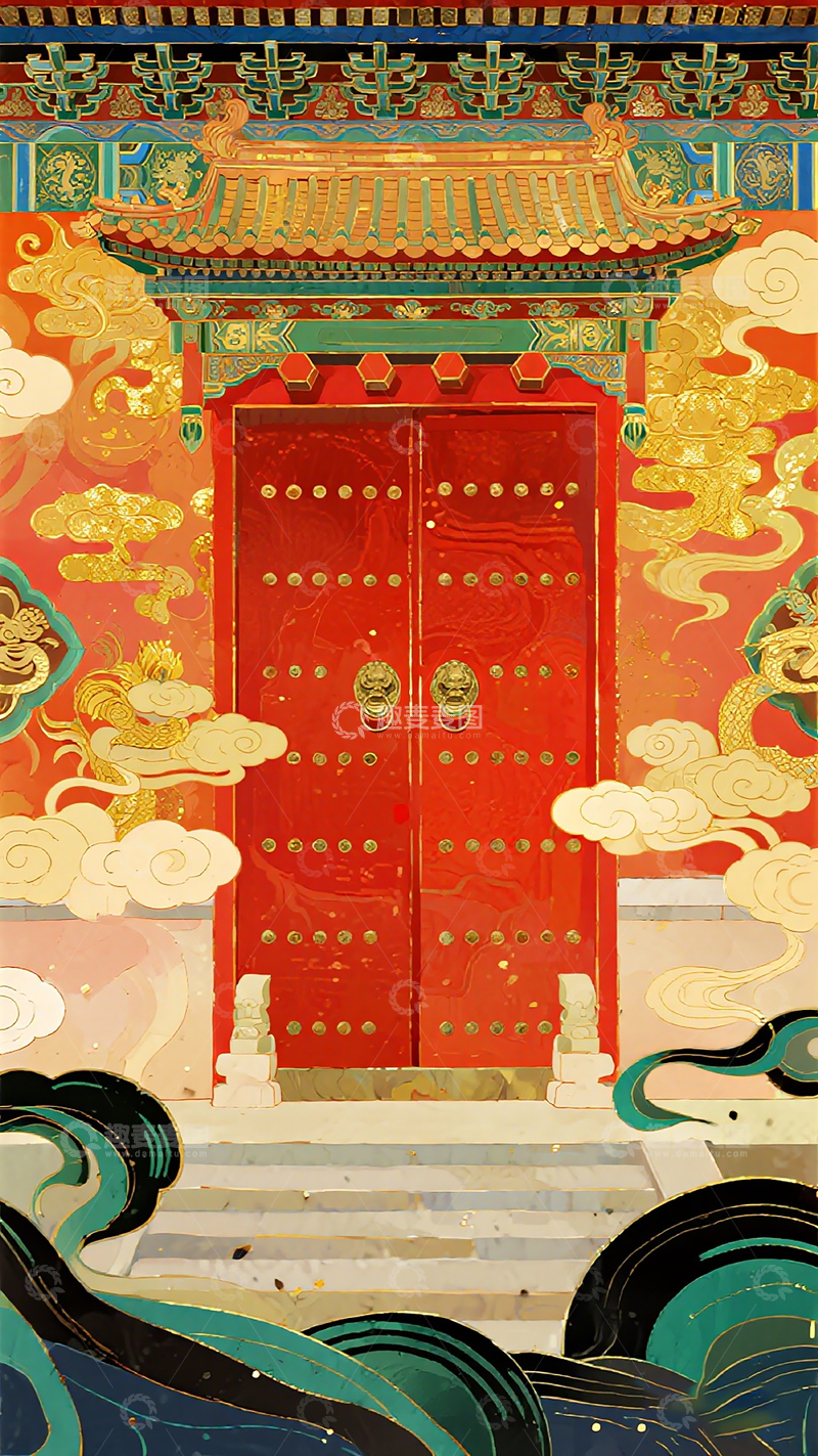 高清大图下载【趣麦麦图】传统中式大红门建筑插画