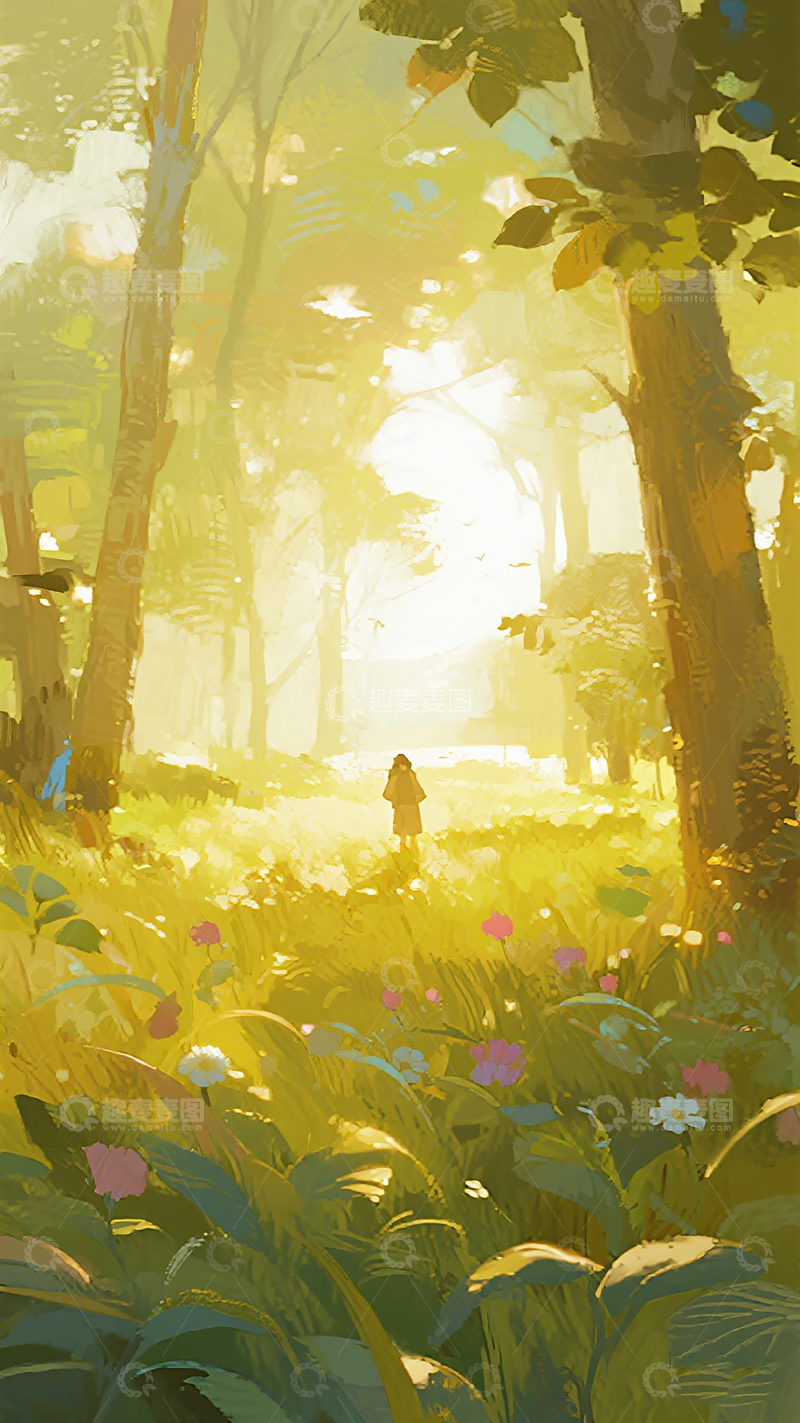 高清大图下载【趣麦麦图】森林晨光插画壁纸