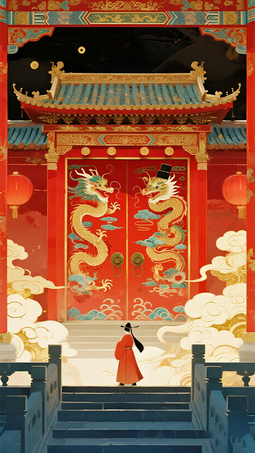 古风宫殿龙纹门插画
