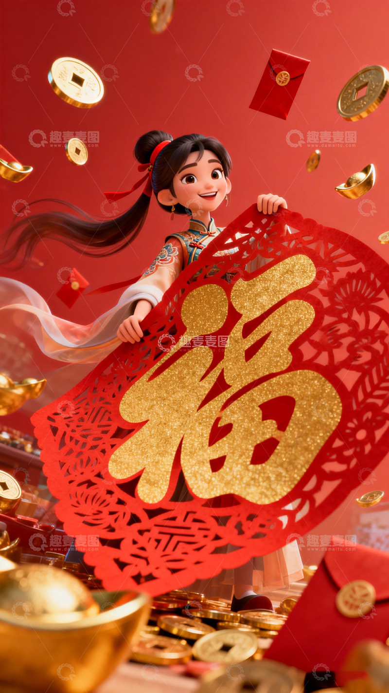 高清大图下载【趣麦麦图】新春喜庆福字剪纸插画