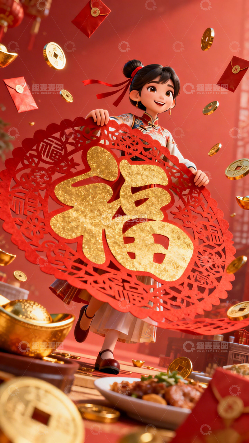 高清大图下载【趣麦麦图】春节喜庆福字剪纸动画