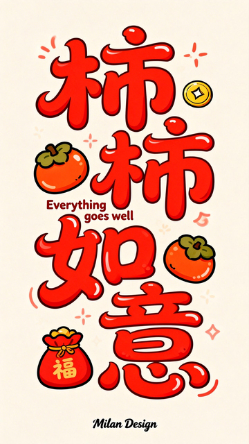 柿柿如意喜庆插画设计