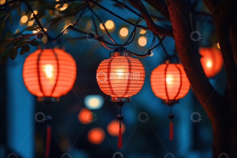 高清大图下载【趣麦麦图】挂在树枝上的红灯笼摄影