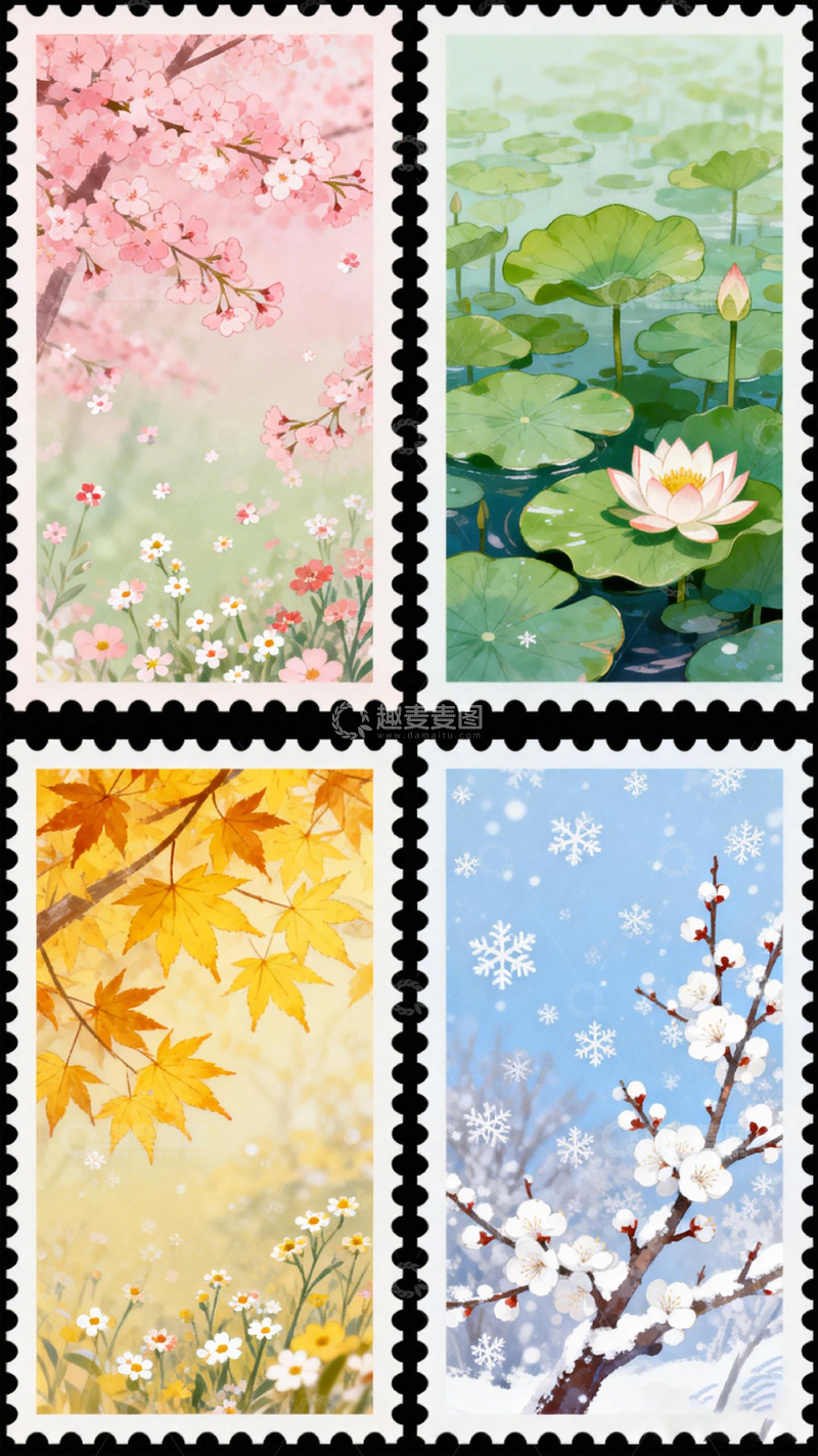 高清大图下载【趣麦麦图】四季风光插画邮票设计