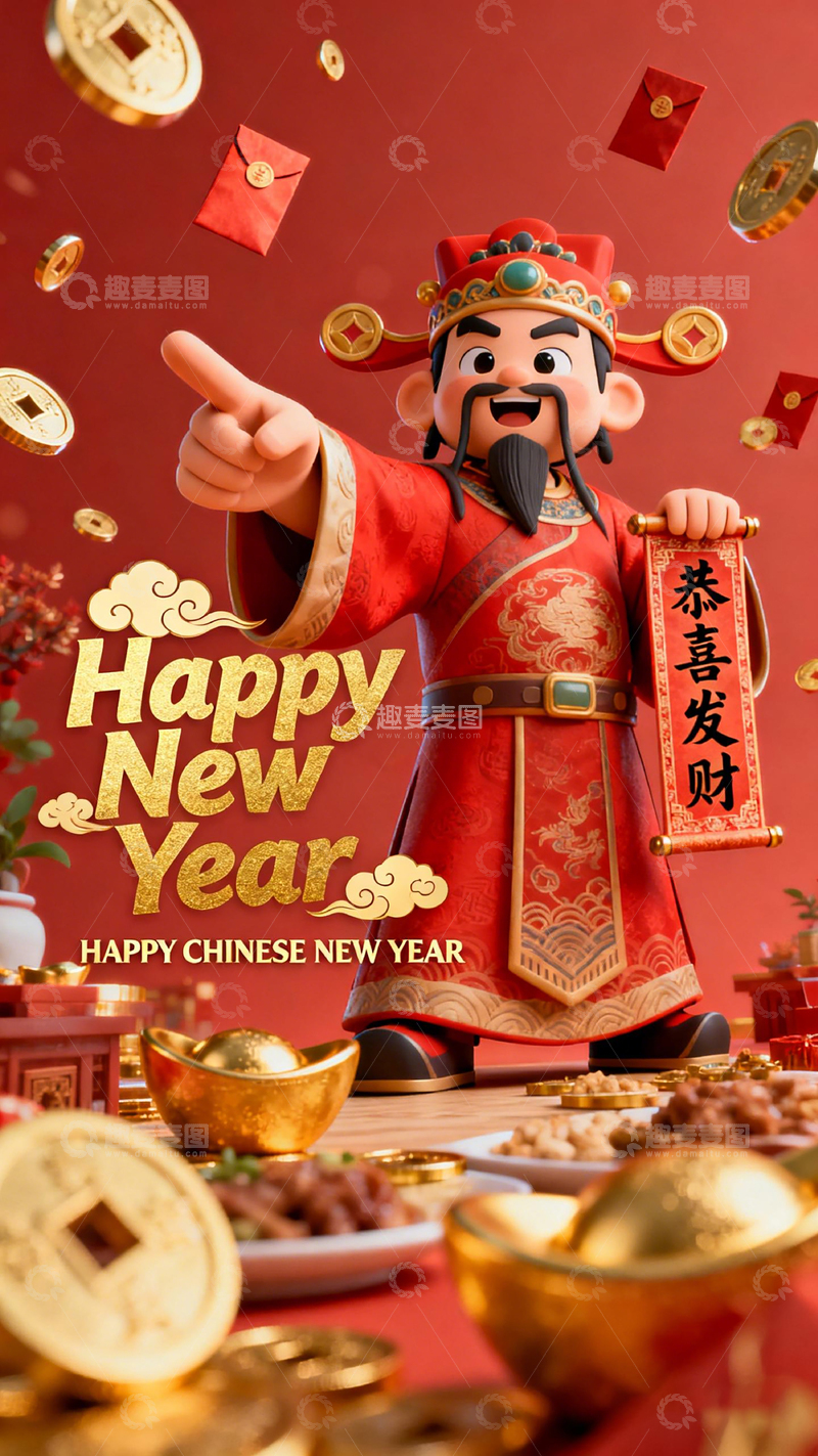 高清大图下载【趣麦麦图】喜庆新年财神图像祝福贺卡