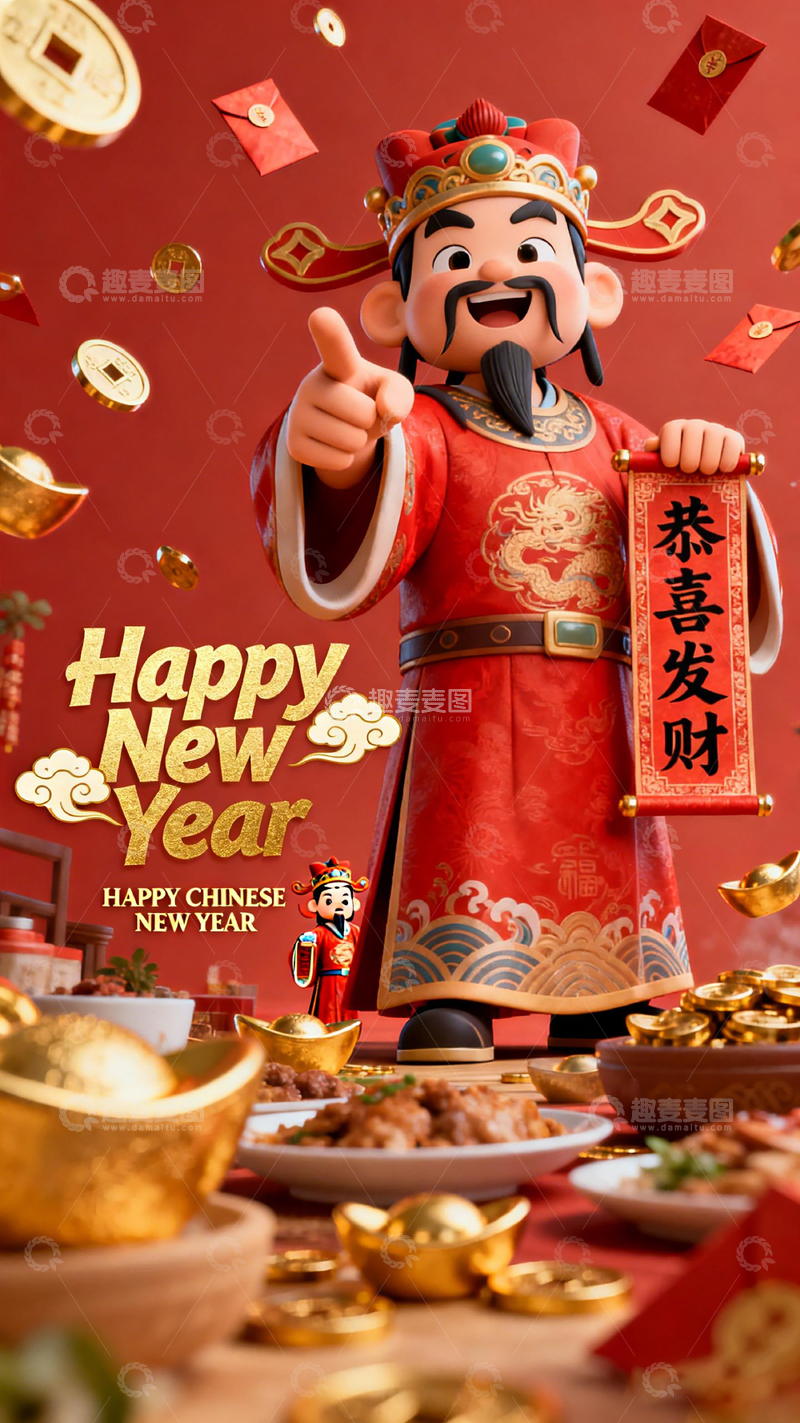 高清大图下载【趣麦麦图】新年喜庆财神爷金币美食图片