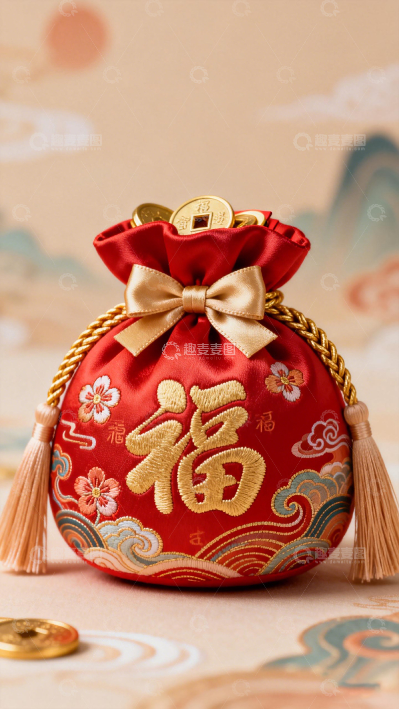 高清大图下载【趣麦麦图】喜庆福字福袋金币装饰1