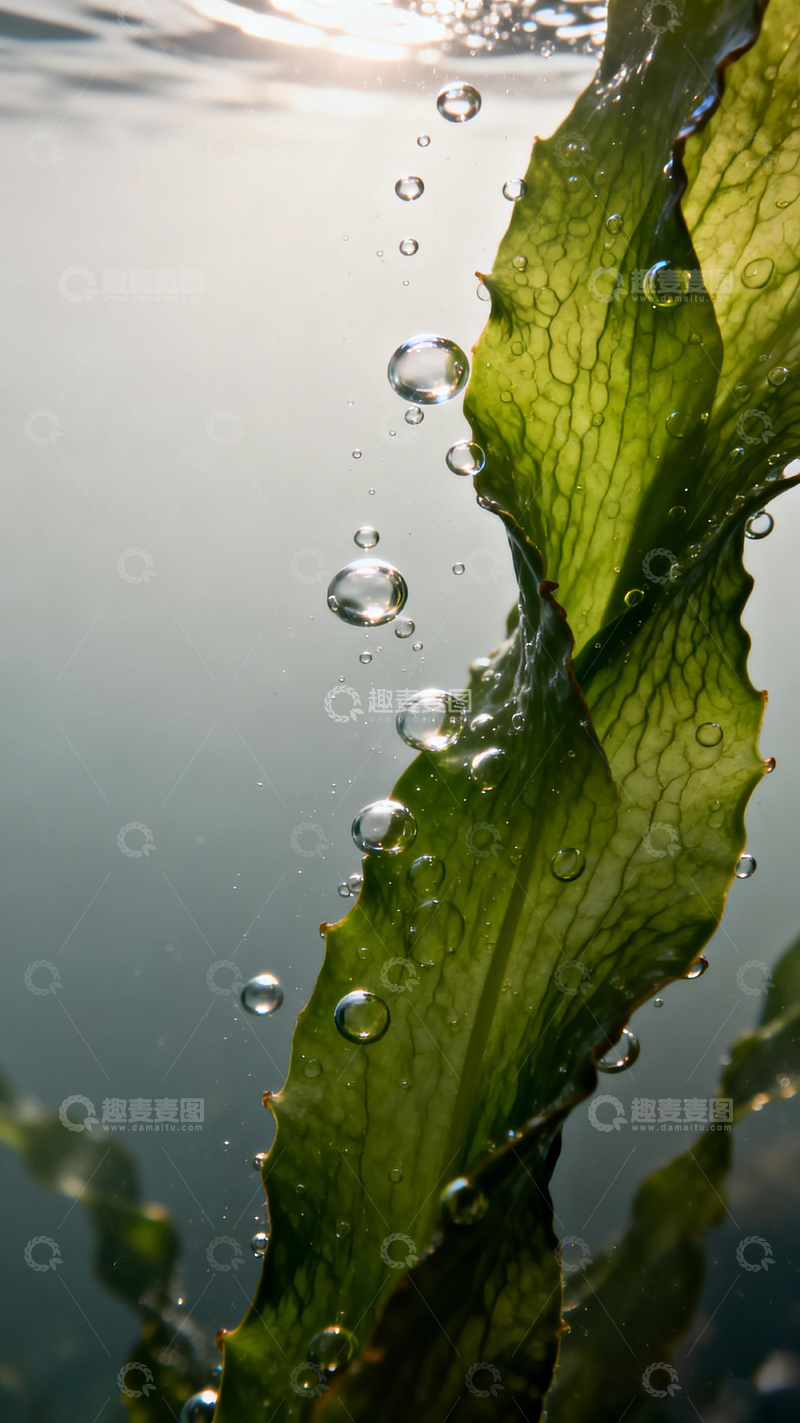高清大图下载【趣麦麦图】水下绿叶气泡摄影