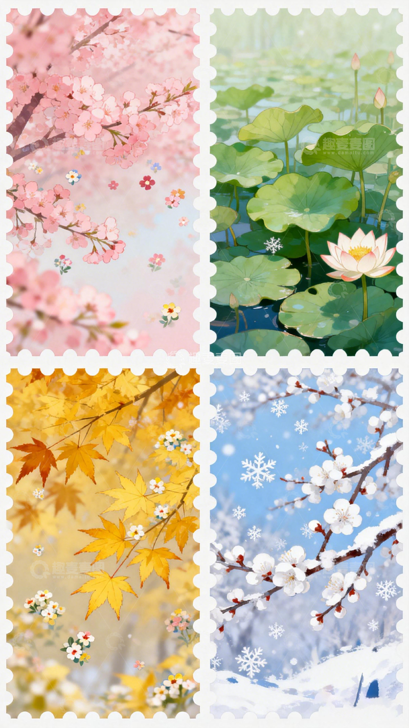 高清大图下载【趣麦麦图】四季风光邮票插画