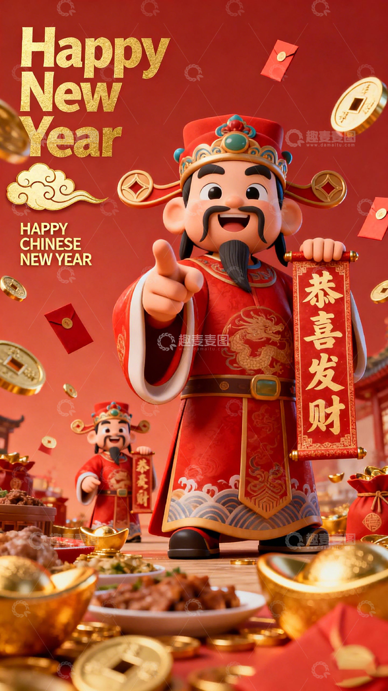 高清大图下载【趣麦麦图】喜庆春节财神贺岁图