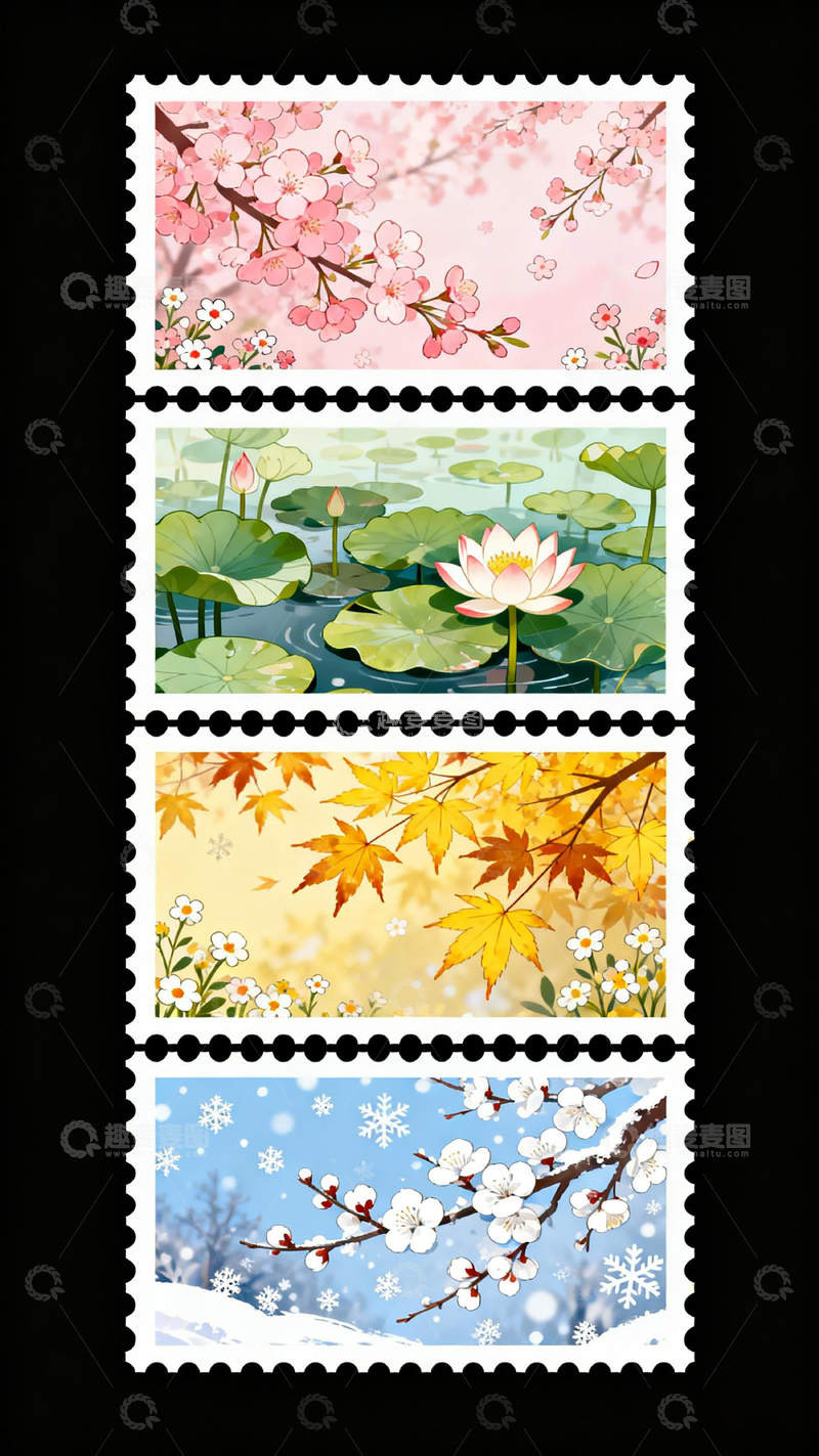 高清大图下载【趣麦麦图】四季风光邮票插画设计