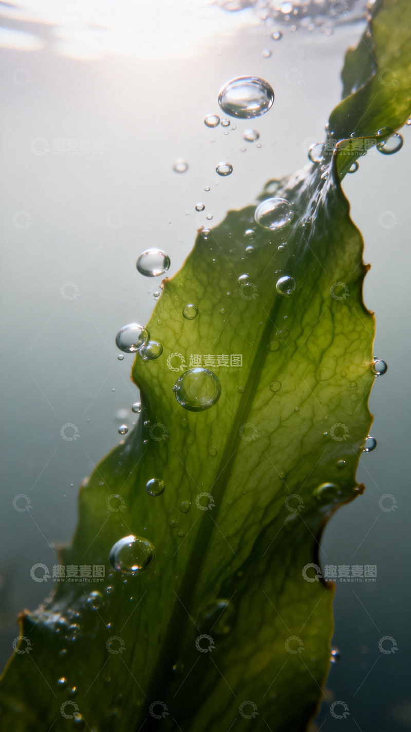 高清大图下载【趣麦麦图】水下绿叶气泡摄影1
