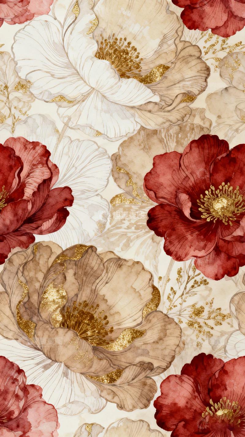 高清大图下载【趣麦麦图】复古花卉金色点缀墙纸设计