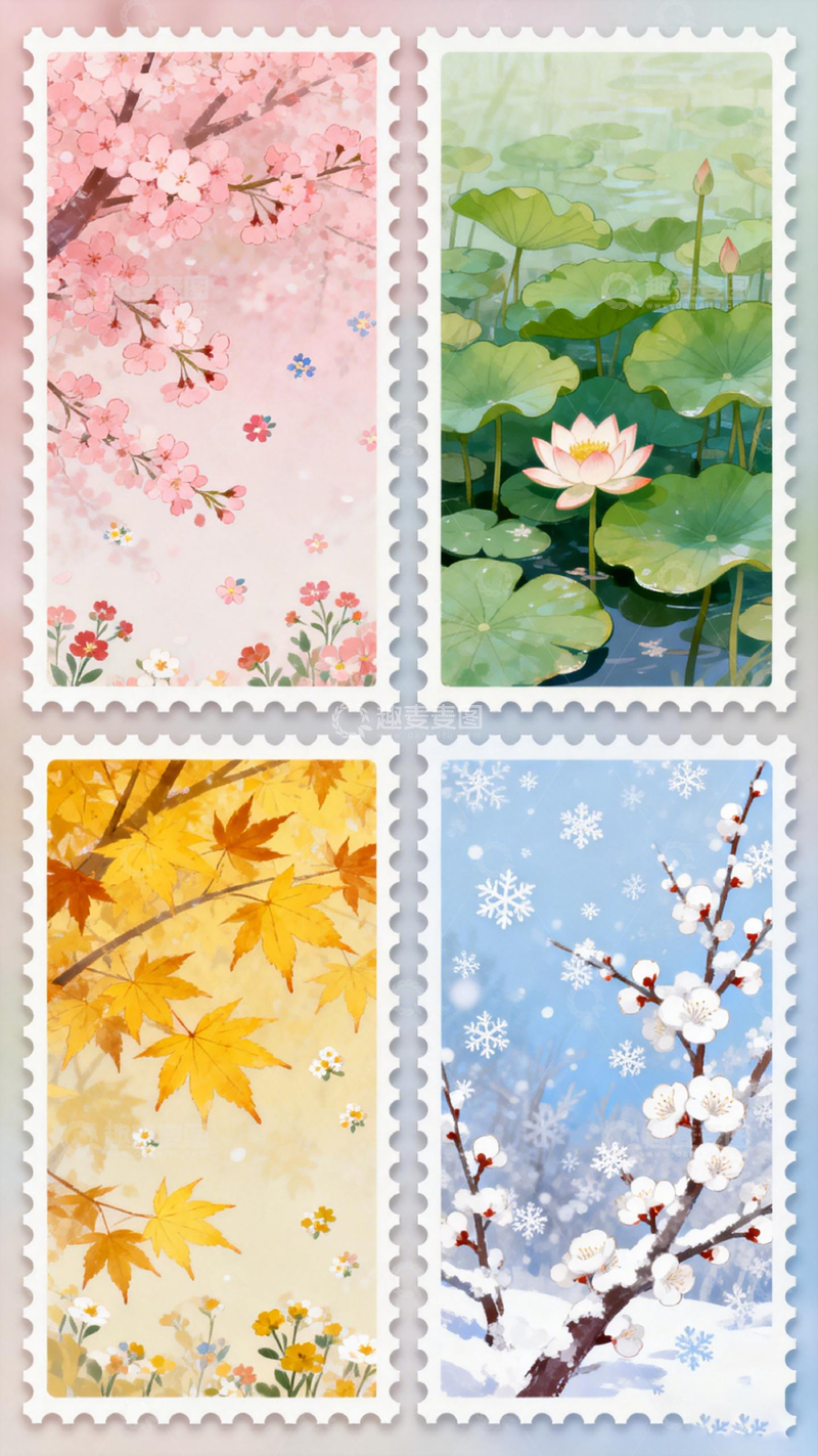 高清大图下载【趣麦麦图】四季风景插画邮票合集