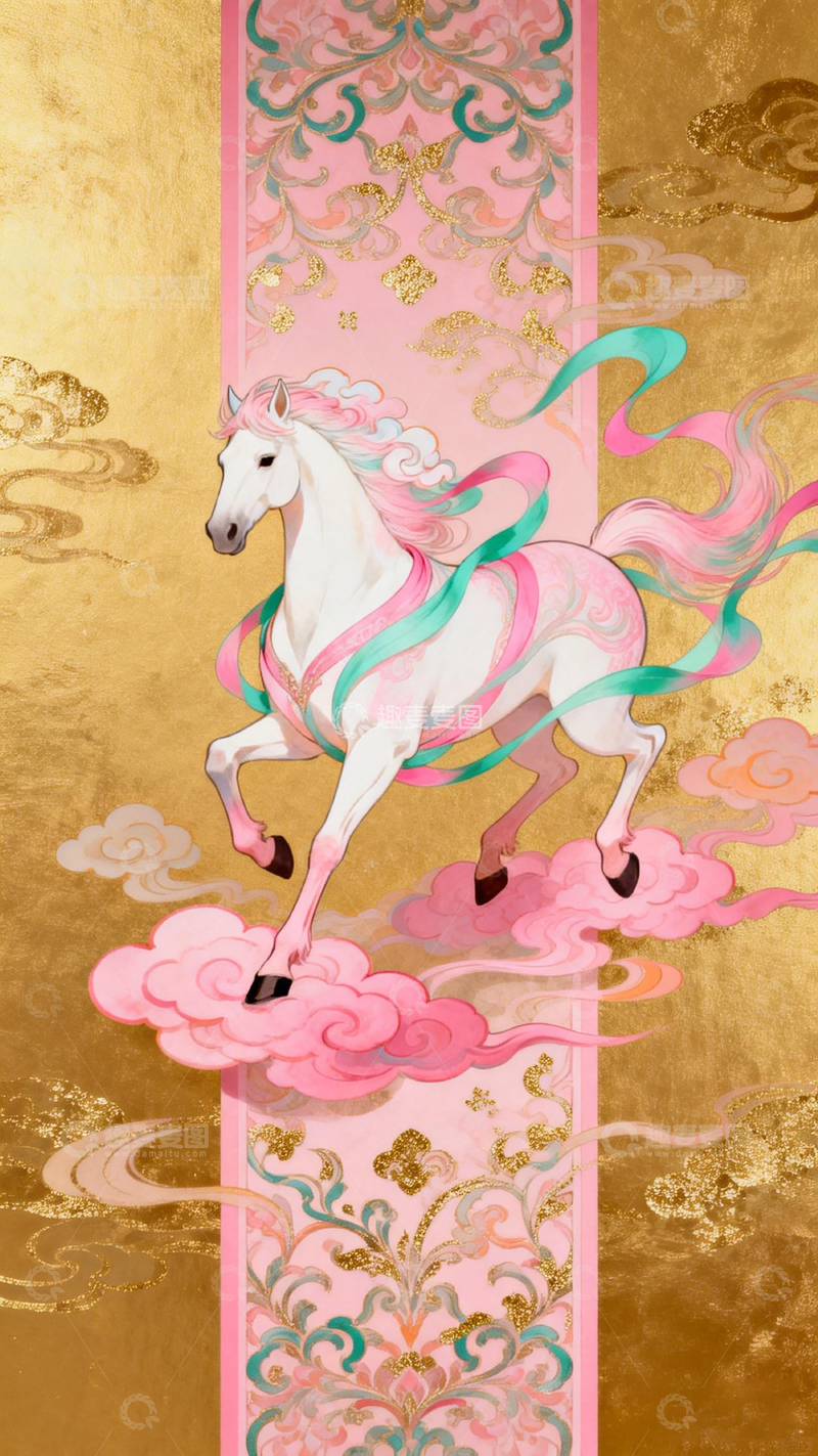 高清大图下载【趣麦麦图】仙气白马祥云插画