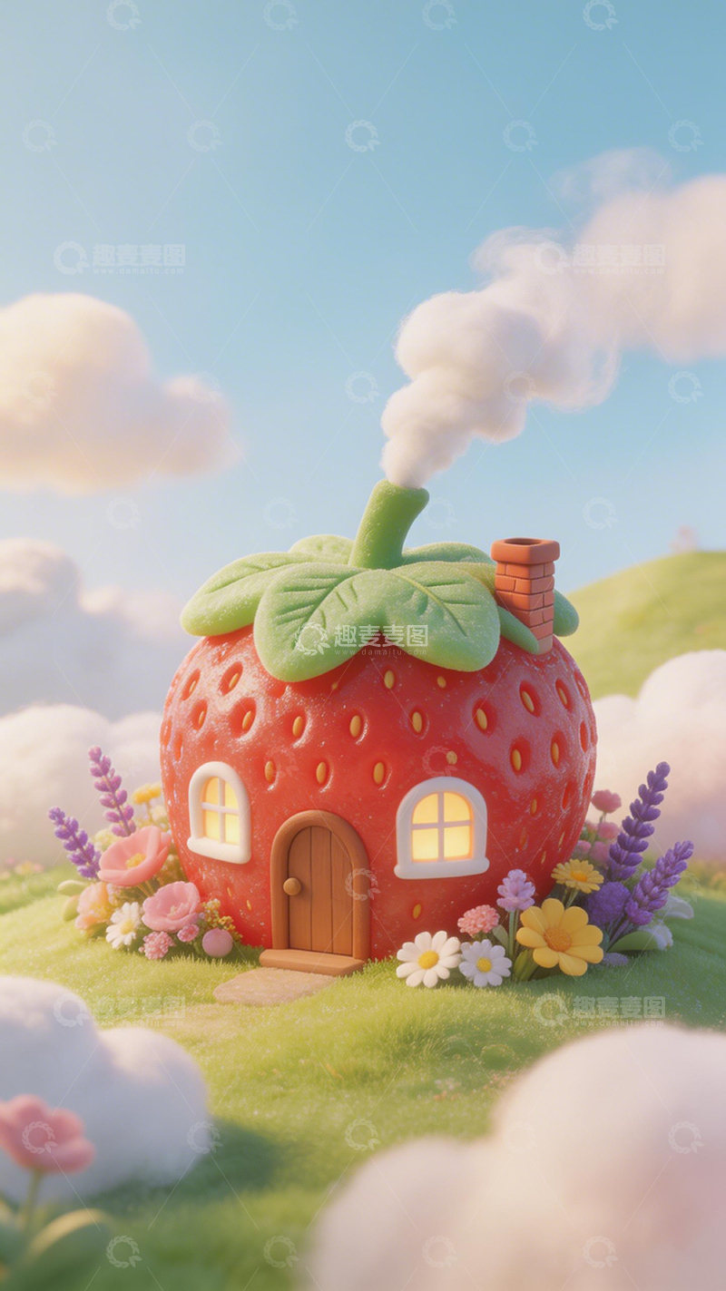 高清大图下载【趣麦麦图】梦幻草莓屋卡通插画