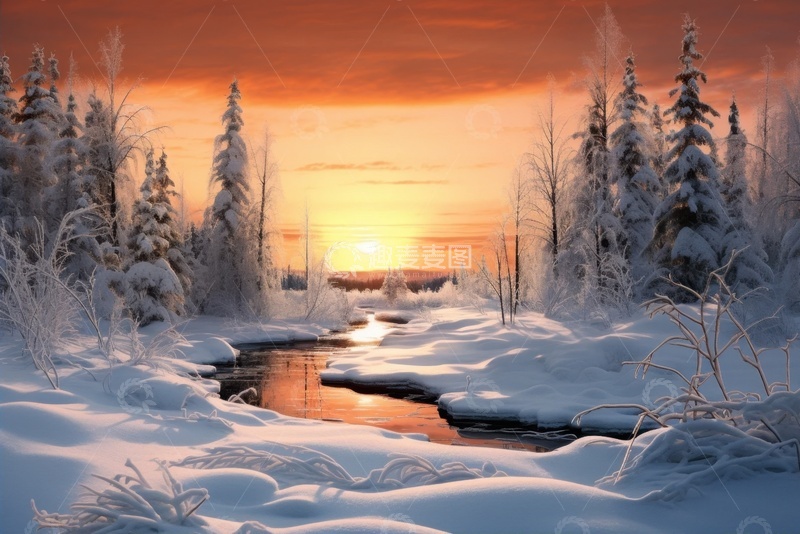 高清大图下载【趣麦麦图】冬季雪地夕阳河流美景