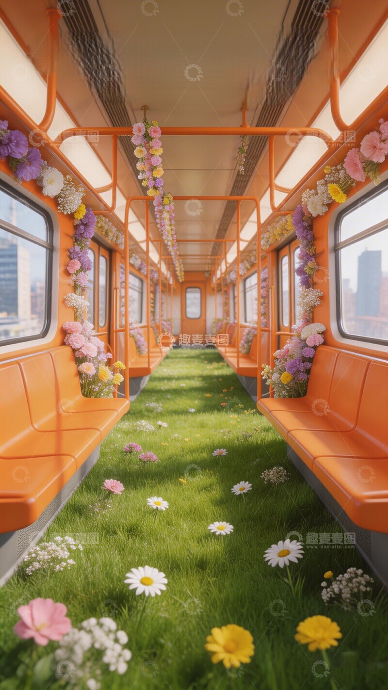 高清大图下载【趣麦麦图】鲜花装饰地铁车厢创意摄影