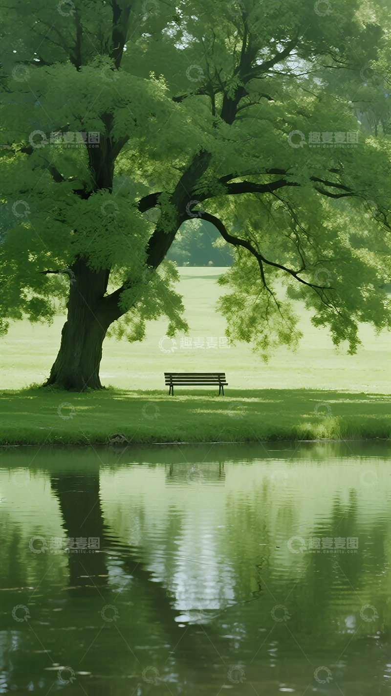 高清大图下载【趣麦麦图】静谧湖畔大树长椅风景