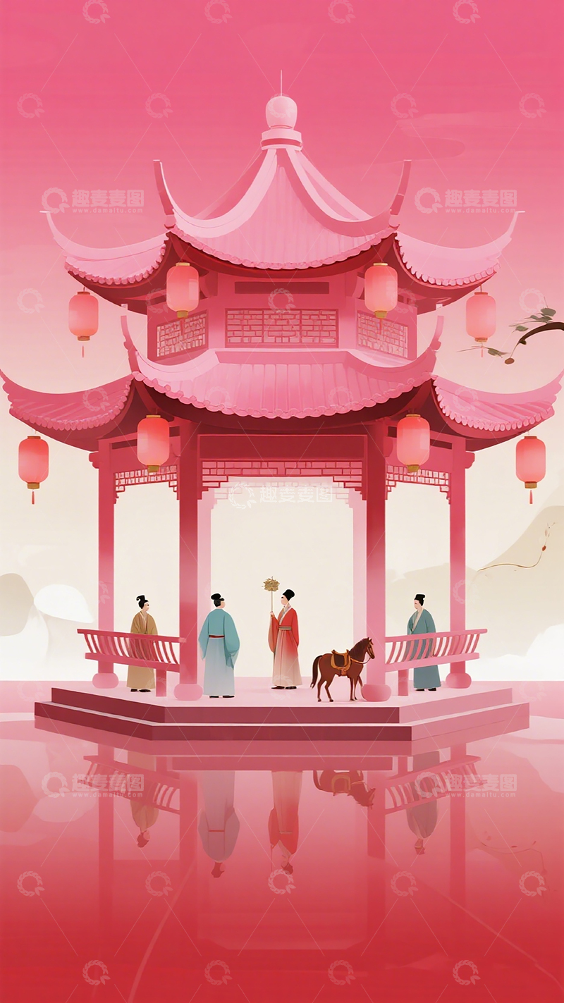 高清大图下载【趣麦麦图】东方建筑古风亭台插画