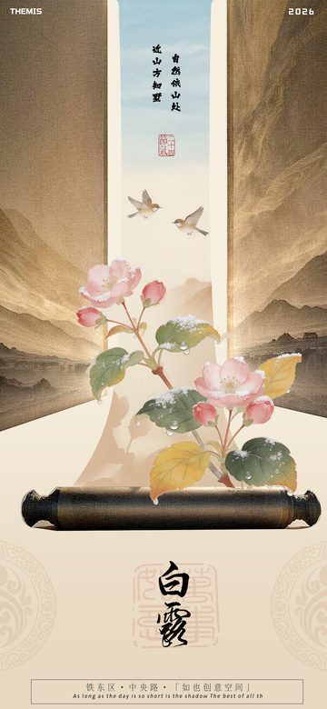 古风白露花卉画卷轴设计