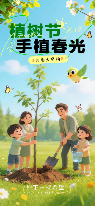 卡通手绘植树节海报