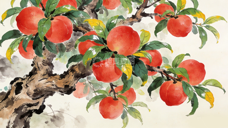 高清大图下载【趣麦麦图】国画风桃树丰收图