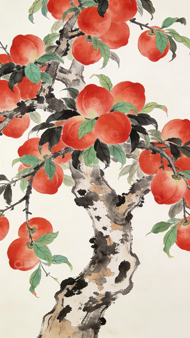 高清大图下载【趣麦麦图】中国画桃树果实水墨画