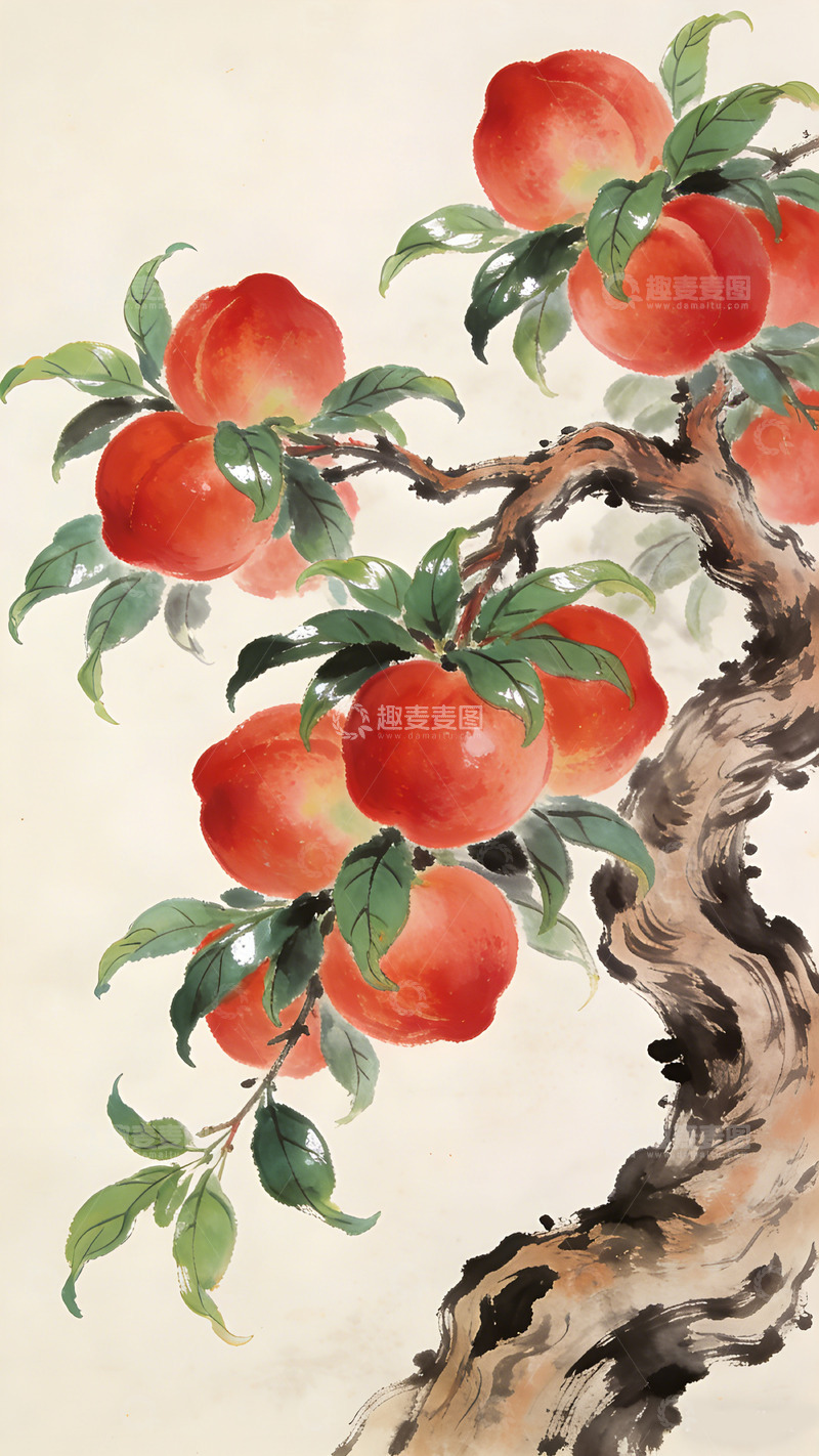 高清大图下载【趣麦麦图】中国画桃树成熟果实水墨画