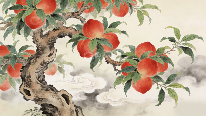 高清大图下载【趣麦麦图】国画风格桃树桃子水墨画