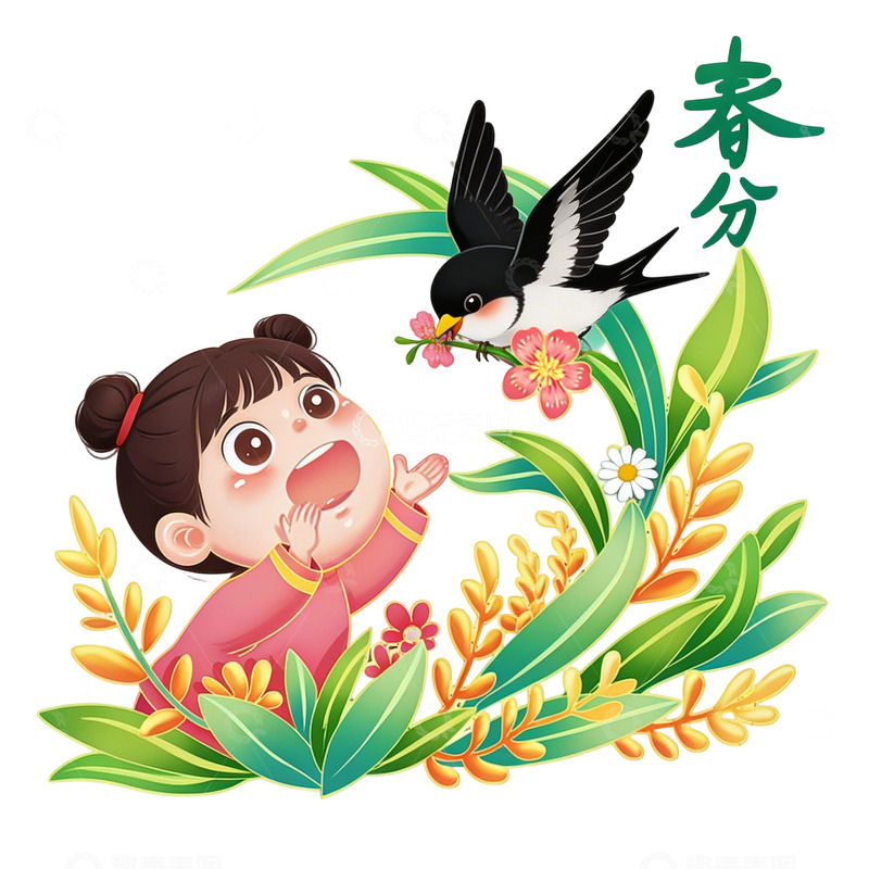 高清大图下载【趣麦麦图】春日小女孩与燕子插画素材免扣