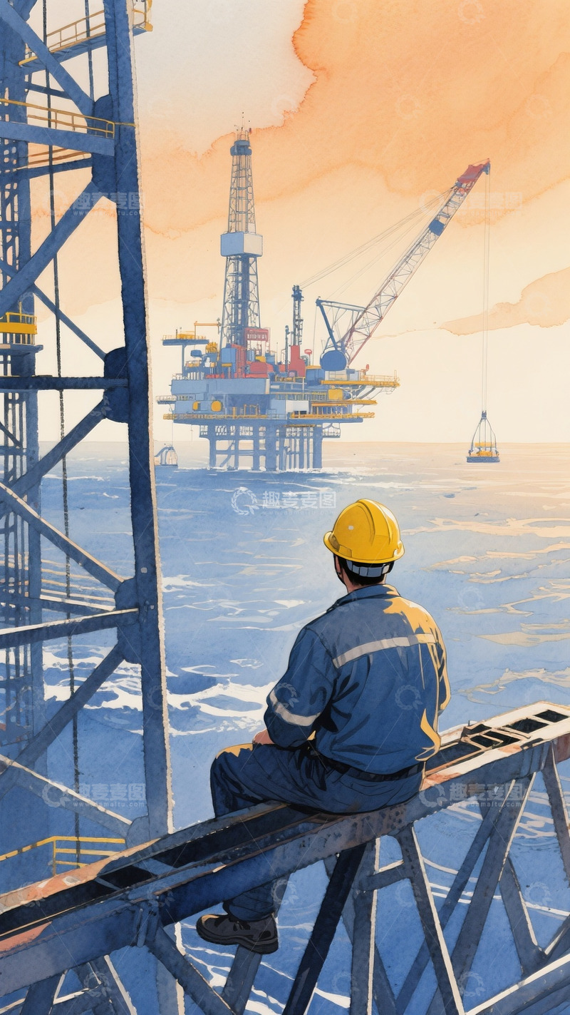 高清大图下载【趣麦麦图】水彩风格海上钻井工人背影4