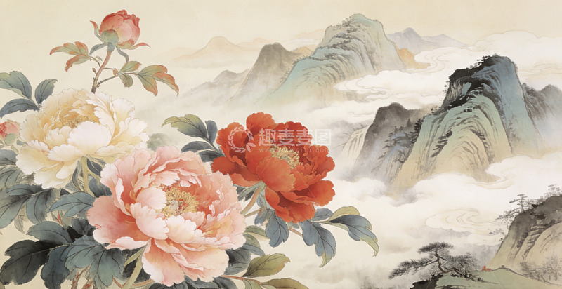高清大图下载【趣麦麦图】工笔山水牡丹图